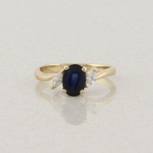 14k Yellow Gold Natural Blue Sapphire and Diamond Ring Size 6
